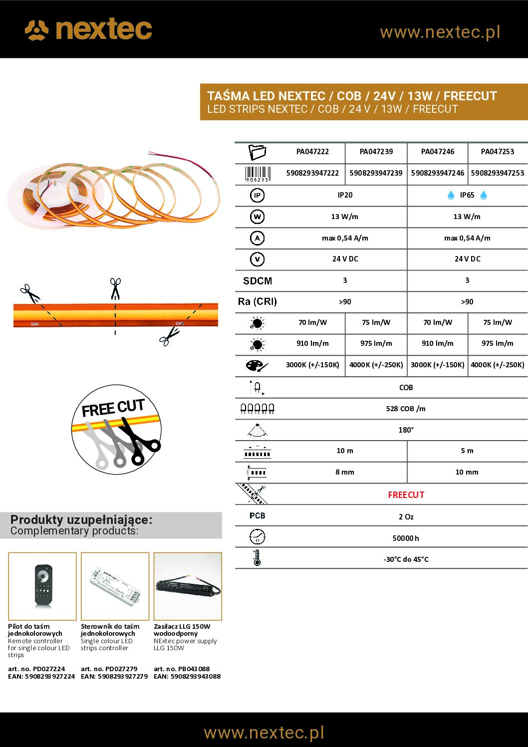 COB Ledriba 24V 13W/m 910lm/m 3000K IP20 528 led/m CRI90 FreeCut - Image 3