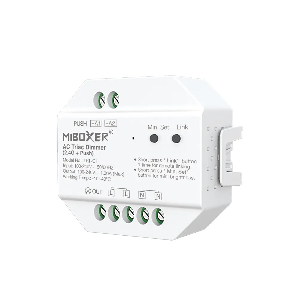 MiBoxer TRI-C1 TRIAC dimmer 230V LED valgustuse juhtimiseks RF ja PUSH funktsiooniga
